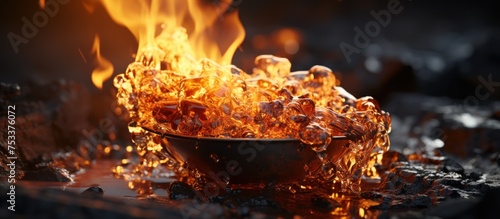 Burning fire in a frying pan close-up