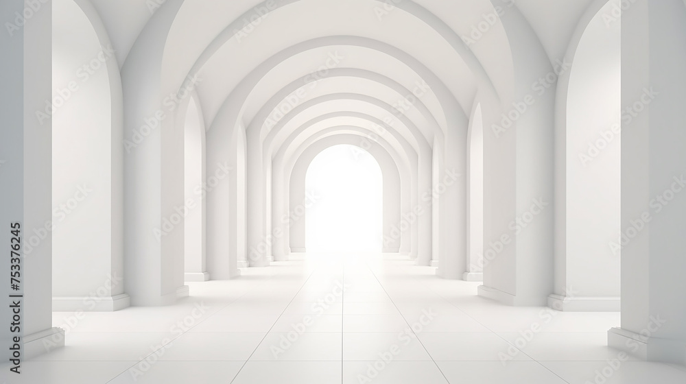 Arch hallway simple geometric white background. Architectural corridor, portal, arch columns inside empty wall