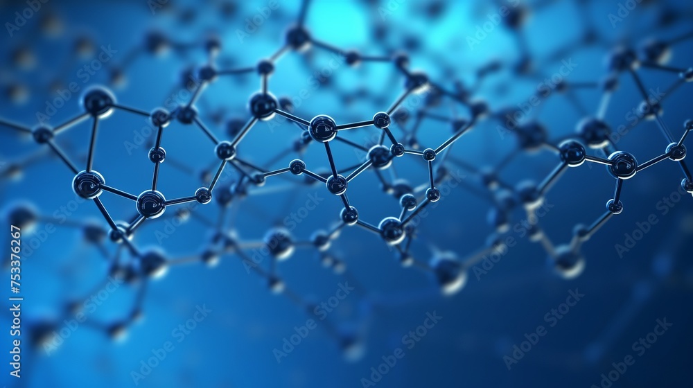 A 3D rendering presents a view of a graphene molecular nano technology structure against a blue background. - obrazy, fototapety, plakaty 