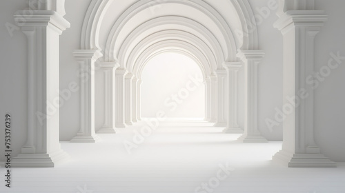 3d rendering. Arch hallway simple geometric background. Architectural corridor, portal, arch columns inside white empty wall