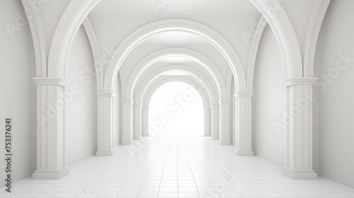 3d rendering. Arch hallway simple geometric background. Architectural corridor, portal, arch columns inside empty wall. Modern minimal concept on white