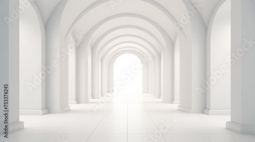 Arch hallway simple geometric white background. Architectural corridor, portal, arch columns inside empty wall