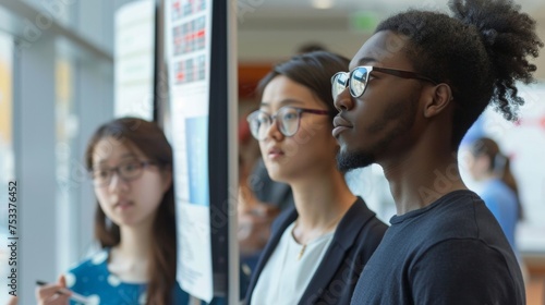 Two students stand in front of a poster presentation discussing their research findings with a group of diverse peers. This image showcases the academic exchange of knowledge