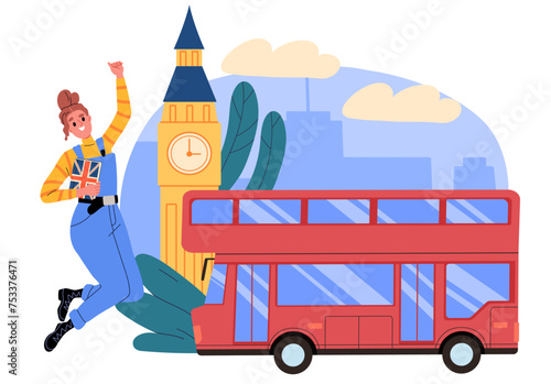 Woman go to England. Young girl with dictionary near traditional red bus. Traveler and tourist stands near Big Ben. Holiday and vacation. Cartoon flat vector illustration isolated on white background