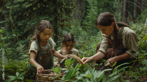 A mother and her children are seen gathering medicinal plants in the forest as they learn the ancient healing techniques passed down from their ancestors. photo