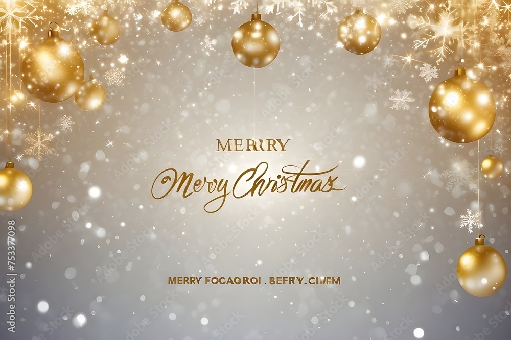 Christmas light background with white snowflakes and golden Merry Christmas text - light version Generative AI