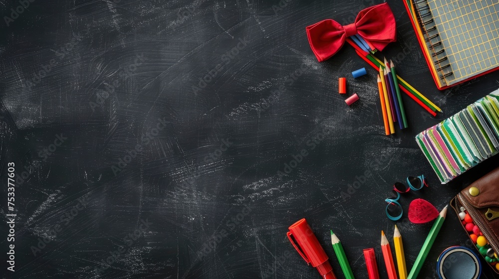 Flat lay composition for Teacher's day on chalkboard, copy space - generative ai Flat lay composition for Teacher's day on chalkboard, copy space - generative ai