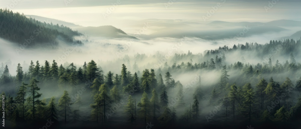 Fototapeta premium Panoramic view of foggy forest in the mountains at sunrise