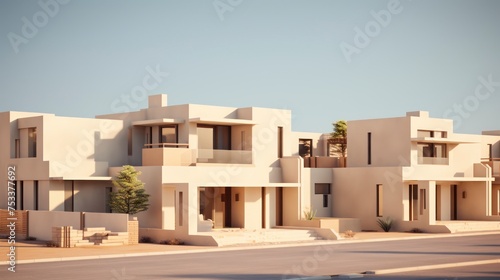 Modern luxury house in the desert on a sunny day with blue sky.