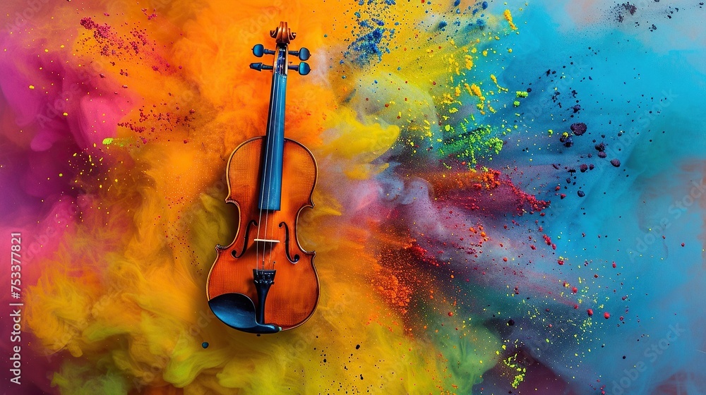 isolated violin with colorful powder splashes on black background