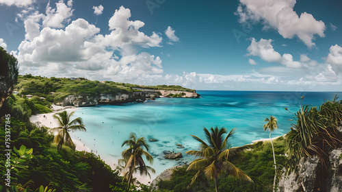 Cenário paradisíaco Praia de areias brancas águas cristalinas e palmeiras verdes em um amplo panorama costeiro
