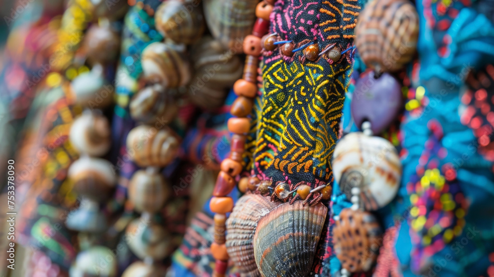 A detailed image of colorful beads and shells intricately woven into traditional African clothing worn by people during ceremonial healing ceremonies. These garments are believed