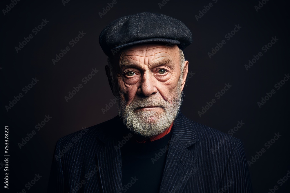 Portrait of an old man with gray beard and a cap.