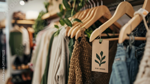 Recycle logo displayed on a sustainable fabric tag among a selection of environmentally conscious apparel.