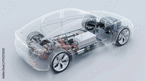 A transparent x-ray illustration of an electric vehicle showcases its complex internal mechanics and battery system. photo