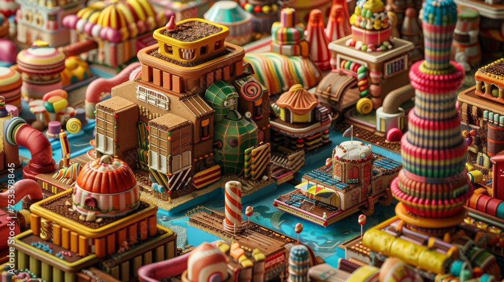 whimsical cityscape constructed from colorful candies, with gummy bear houses lining chocolate streets and lollipop trees
