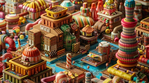 whimsical cityscape constructed from colorful candies, with gummy bear houses lining chocolate streets and lollipop trees