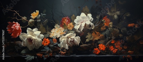Flowers and fallen leaves on a dark backdrop