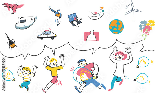 元気な僕らはアイディアで弾んでる　アイディアの電球いっぱいの子供たち　セット　イラスト素材				
