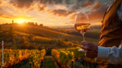 Person holding a wine glass against a vineyard at sunset, capturing the essence of wine culture. photo