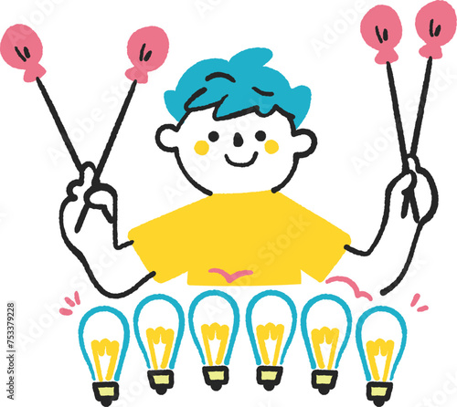 アイディアの電球を演奏する子供　イラスト素材
