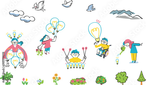 元気な僕らはアイディアで弾んでる　アイディアの電球いっぱいの子供たち　セット　イラスト素材				
 photo