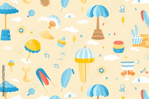 Immerse your design in the playful spirit of the beach with a seamless pattern, incorporating beach balls, sandcastles, Generative AI 