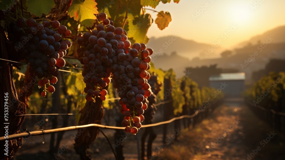 Ripe grape clusters in a vineyard at sunset, symbolizing viticulture and wine quality. - obrazy, fototapety, plakaty 