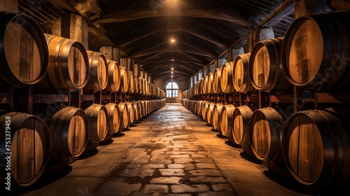 Wooden barrels in a wine cellar  evoking traditional winemaking and storage.