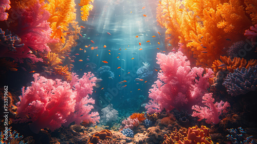 Vibrant underwater seascape with sunbeams illuminating colorful coral reef. © visual artstock