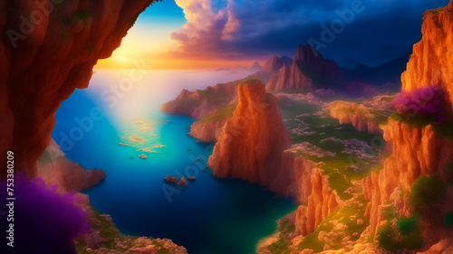 Aerial view, Landscape with islands, mountains, trees, flowers, sunset, sunrise, waterfalls, green sea, blue ocean, fantasy tropic nature background, home wall art and wallpaper