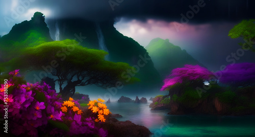 Landscape with mountains, trees, flowers, sunset, sunrise, waterfalls, fantasy tropic nature background, home wall art and wallpaper