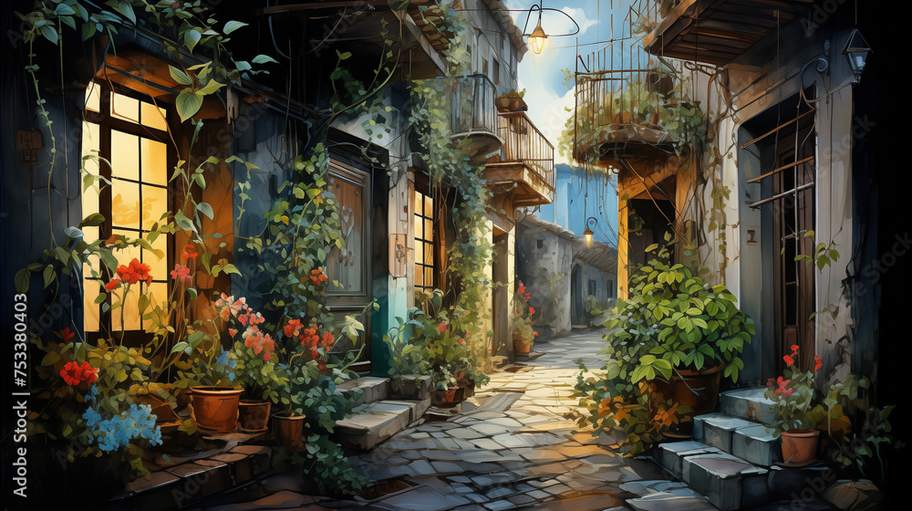 A watercolor depicts a cozy European alley at dusk, featuring glowing street lamps and lush greenery, evoking a sense of romance.