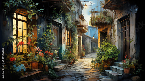 A watercolor depicts a cozy European alley at dusk, featuring glowing street lamps and lush greenery, evoking a sense of romance.