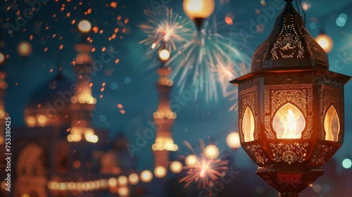 ramadan kareem eid mubarak royal elegant lamp with mosque holy gate with fireworks 