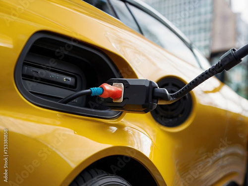 Close up view of an electric vehicle's charging port with a plugged-in connector, set against a vibrant yellow car body