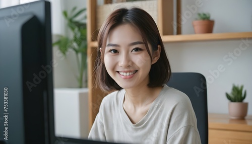 beautiful confident Asian business woman working from home. home, desk, computer screen.