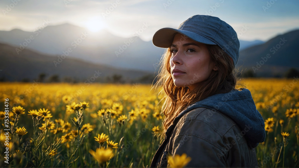 Surrounded by a sea of sunshine, this woman in a cap finds solace in the simplicity of nature Surrounded by a sea of sunshine, this woman in a cap finds solace in the simplicity of nature