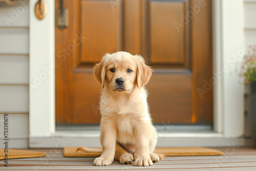 Puppy dog patiently sitting by front door, eagerly awaiting an outing with their owner © MVProductions