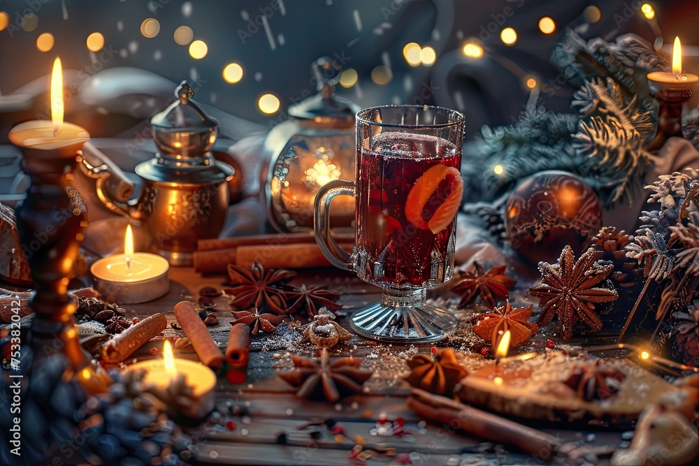 A magical evening scene with mulled wine and spices by candlelight