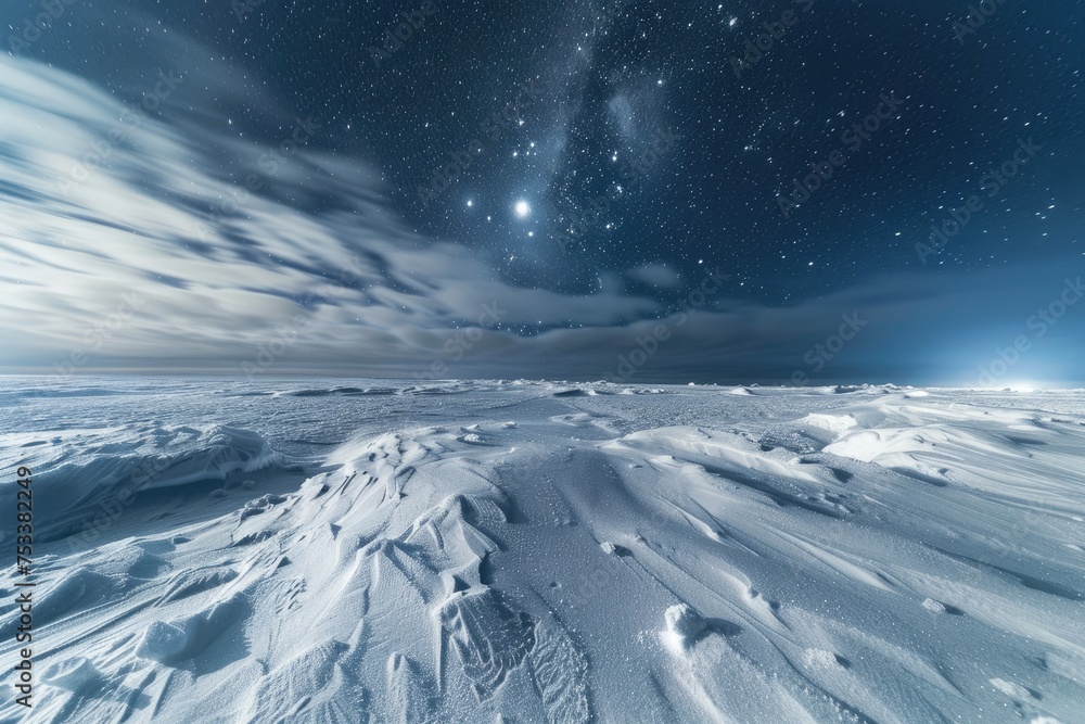 Obraz premium An icy tundra with snow drifts and a clear starry night sky