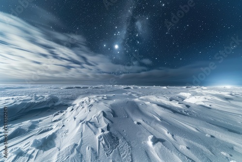 An icy tundra with snow drifts and a clear starry night sky