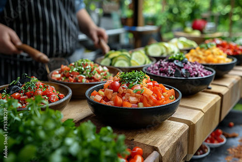 A wooden table full of bowls of various salads