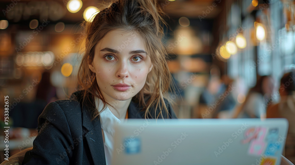 beautiful woman in suit she looking at his laptop at restaurant. beautiful woman in suit she looking at his laptop at restaurant.