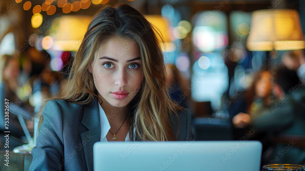 beautiful woman in suit she looking at his laptop at restaurant. beautiful woman in suit she looking at his laptop at restaurant.