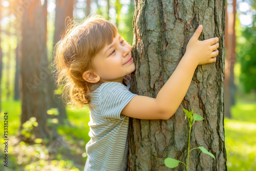 Child hugging a tree in the outdoor forest. Concept of battling a global problem of carbon dioxide and global warming. Love of nature. Net zero and carbon neutral concept.