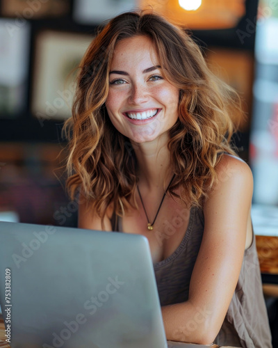 a beautiful and happy woman with a laptop. © banthita166