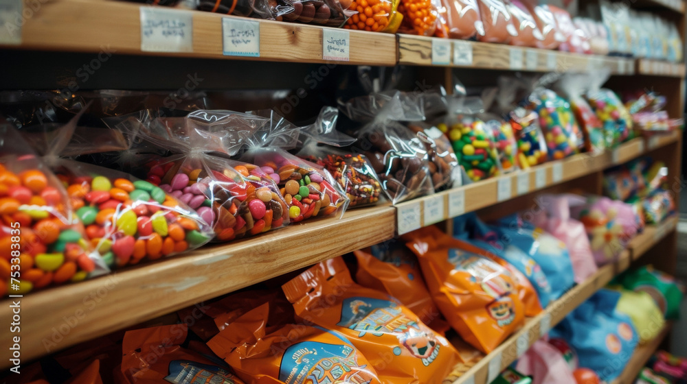 Shelves stocked with bags of assorted candy waiting to be chosen and devoured by excited trickortreaters.