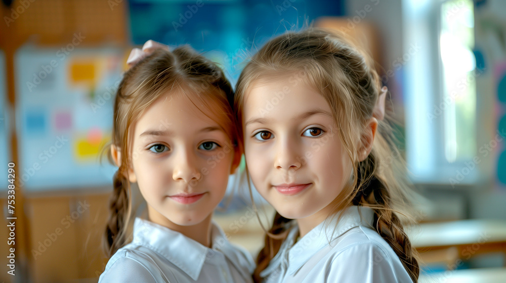 Portrait of Two Happy Schoolgirls Looking at Camera on Blurred School Background Portrait of Two Happy Schoolgirls Looking at Camera on Blurred School Background