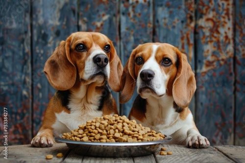 Two beagles dogs seated with a dish of dry food.